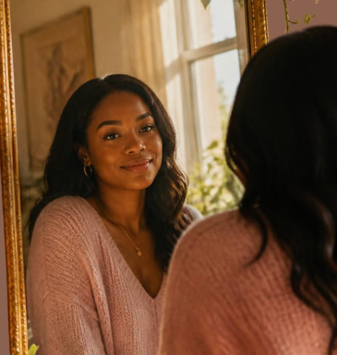 A woman smiling at her reflection in a sunlit bedroom mirror