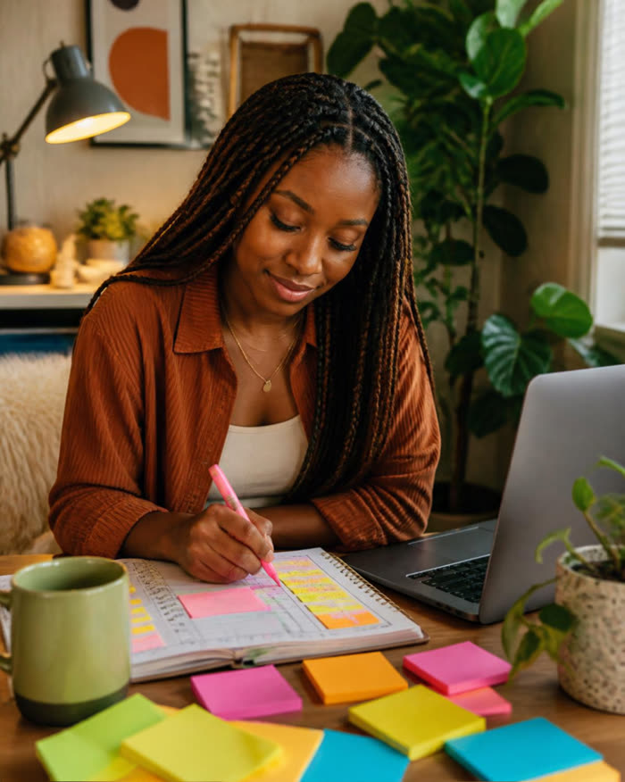 A woman planning at a desk covered in colourful sticky notes