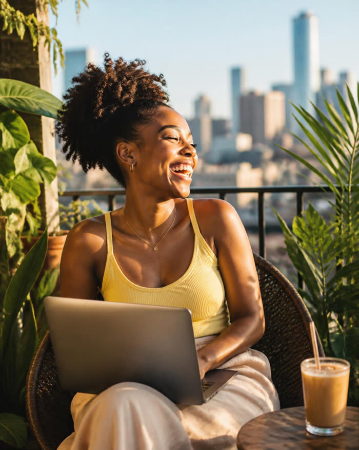 A woman laughing on a sunny balcony with her laptop