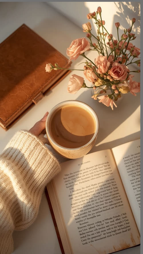 An open book, a cup of coffee and pink roses beside a cosy knit sleeve