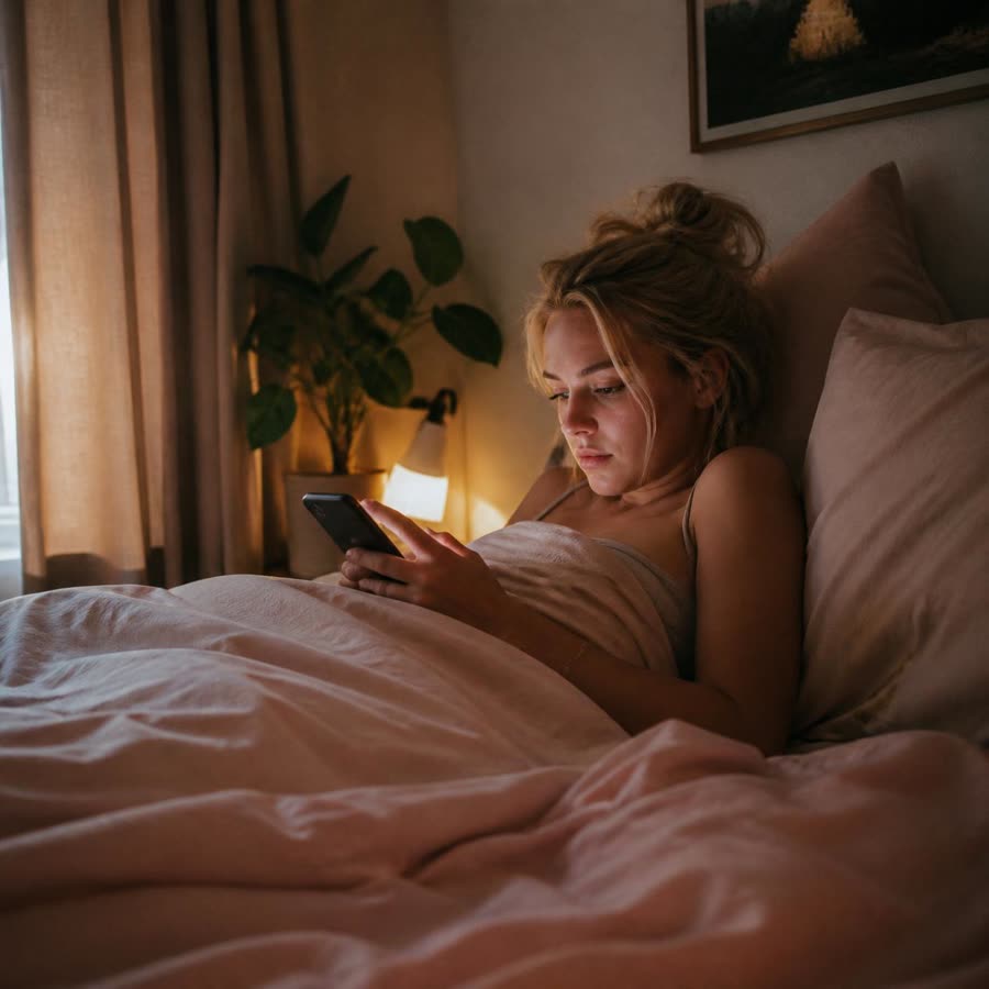 A tired woman lying in bed under a pink duvet, scrolling on her phone