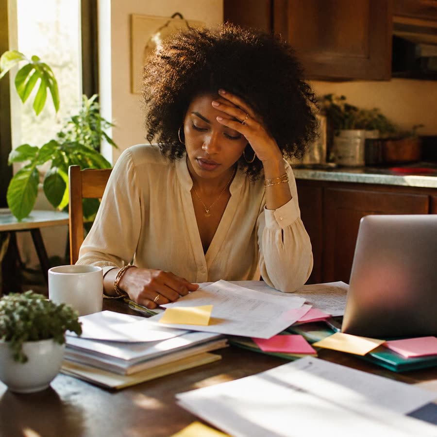 A well-dressed woman at a table covered in papers, folders and a laptop, looking overwhelmed